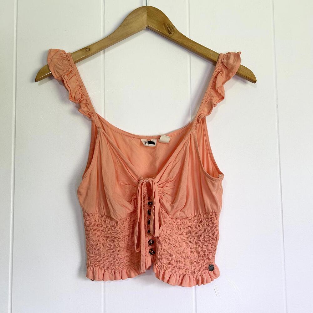 Roxy Coral Salmon Front Tie Keyhole Smocked Crop Top Women’s Medium